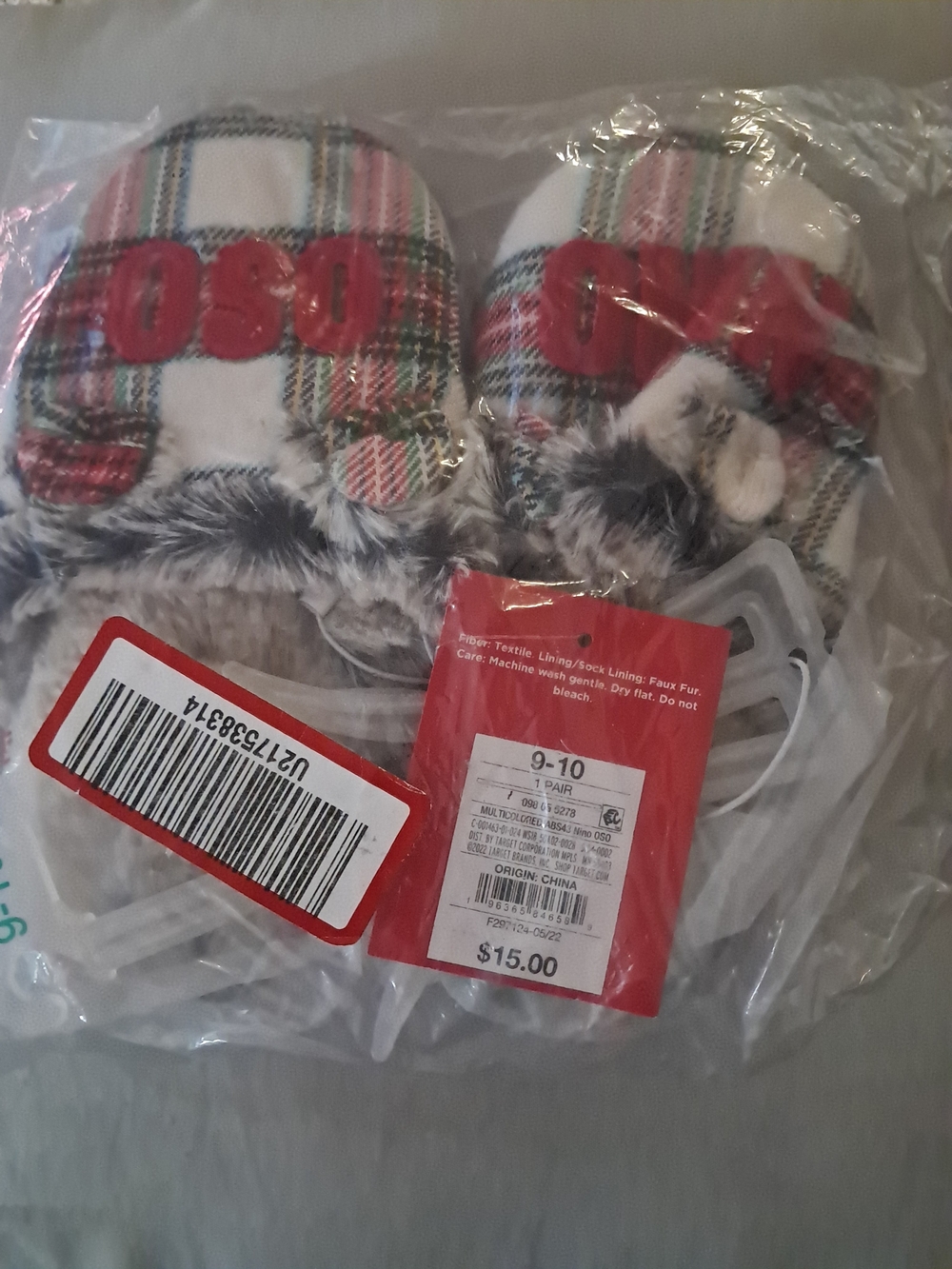 SO Plaid Fur-Trim Indoor Slippers with Red Embroidery